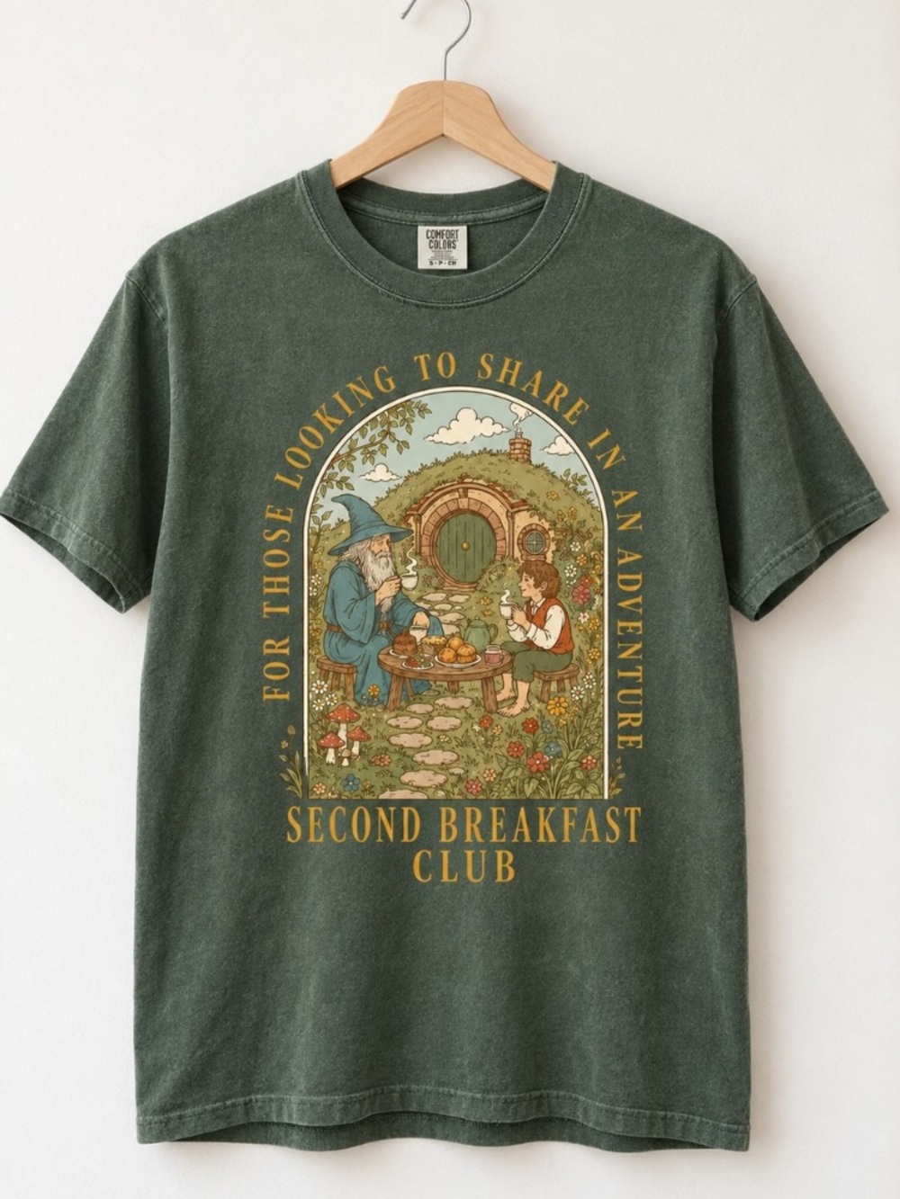 Comfort Colors Lord of the Rings Second Breakfast Club Gandalf Hobbit Hole Tee